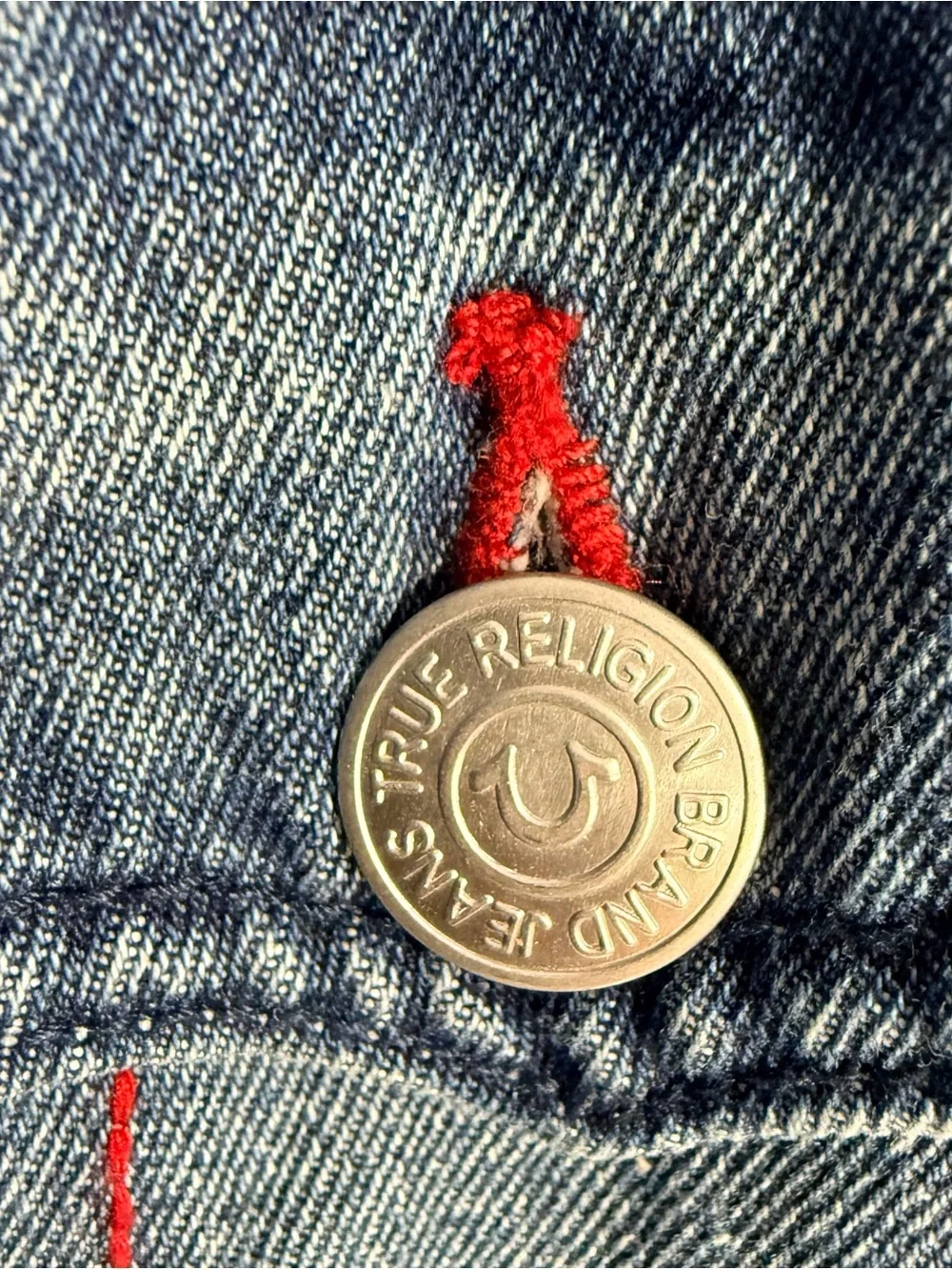 True Religion Men's Blue Denim Trucker Jacket with Red Stitching
